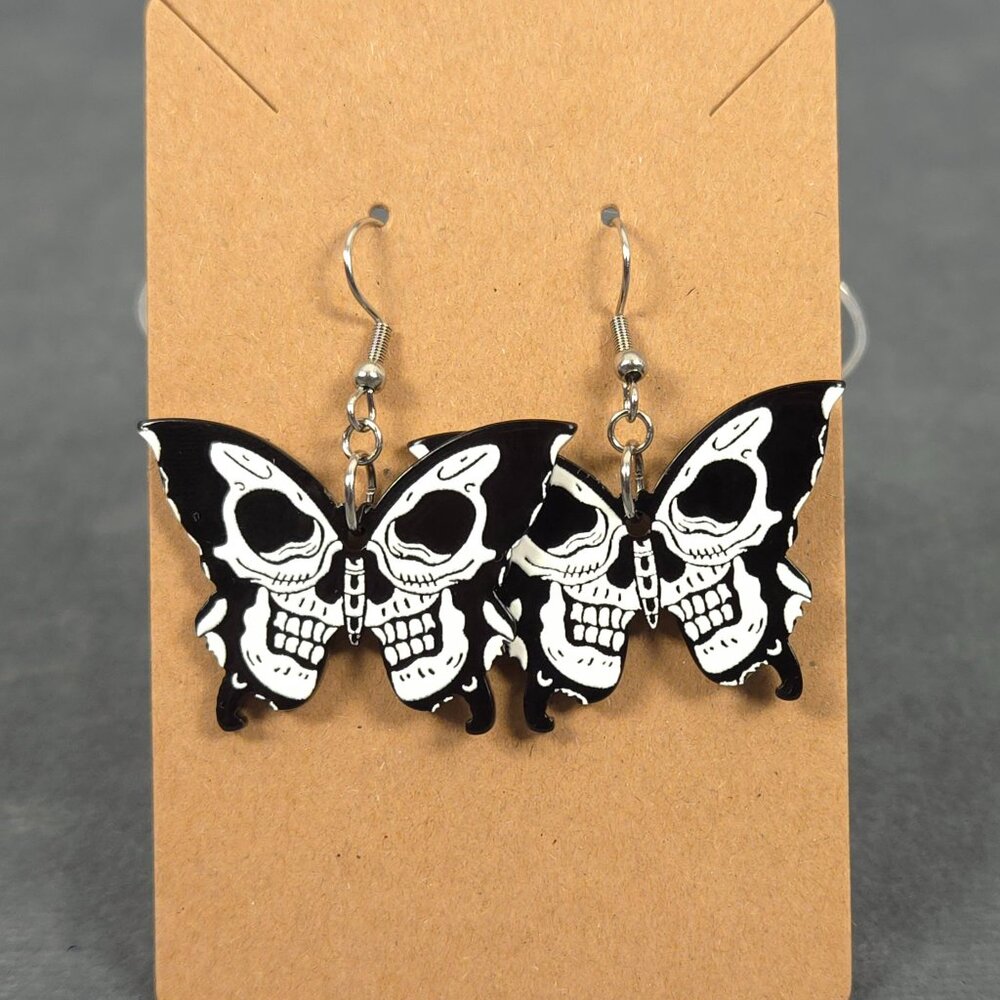 Skeleton Black Butterfly Hook Earrings - Halloween Gothic Spooky Season